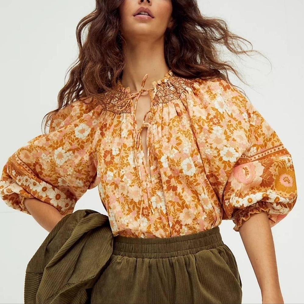 NWT SPELL GYPSY COLLECTIVE Anne Blouse Floral Pecan Orange Sz XS